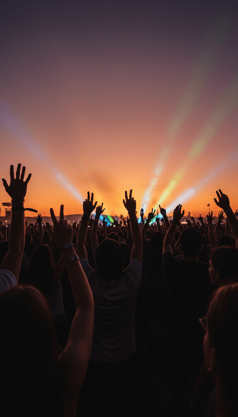 Crowd of energetic techno fans dancing in dark warehouse with colorful lights and fog machine