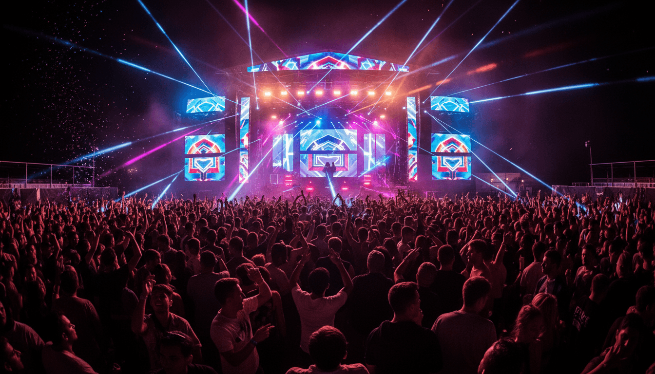 Many hands reaching upward against a dark ceiling with moving lights