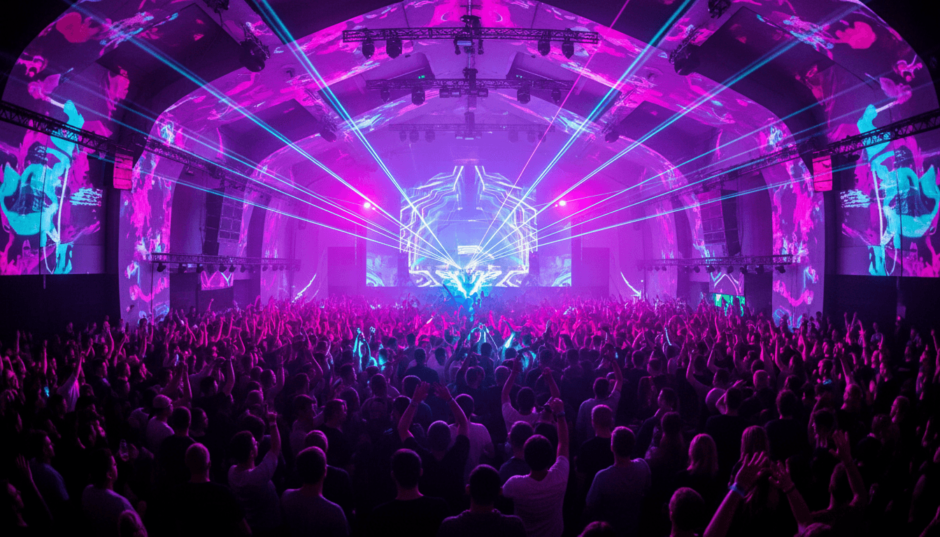 Crowd dancing at a techno warehouse event with blue and purple stage lighting