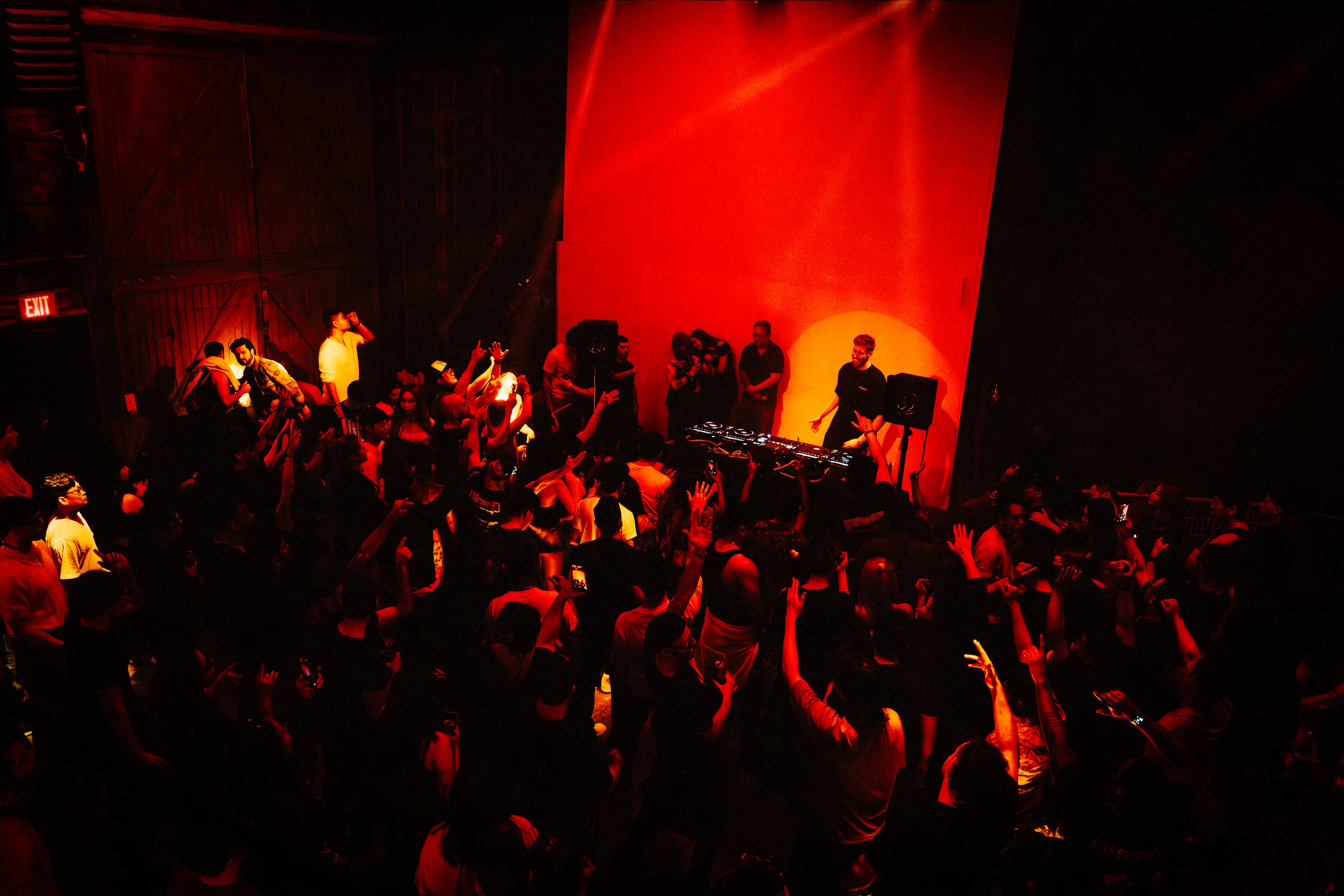 DJ performs for a large, energetic crowd in a dark venue under red lighting.